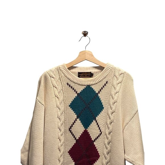 Eddie Bauer Vintage Argyle Pattern Crewneck Sweater Cream Size L Tall 90s Preppy - Picture 4 of 10